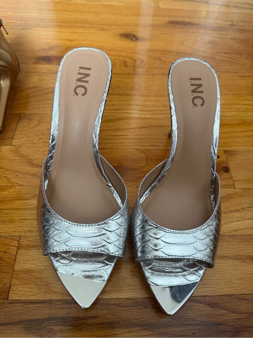 INC International Concepts Metallic Silver Pointed Toe Mules